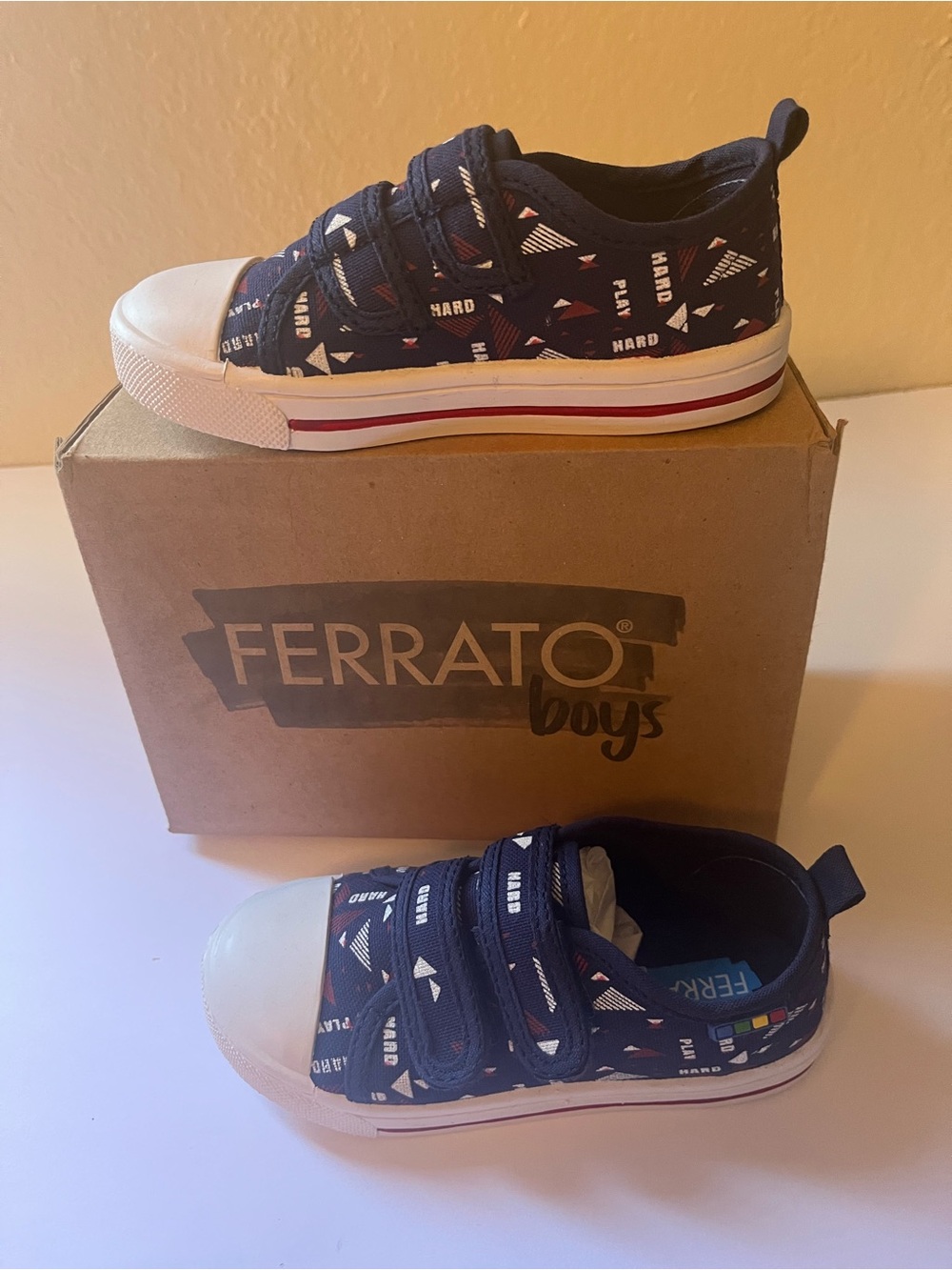 Boys Navy Patterned Kids Sneakers with Hook-and-Loop Straps